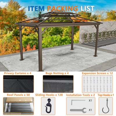 COBIZI 10'x15' Hardtop Gazebo with Heavy Duty Galvanized Steel Metal Roof, Patio Hard Top Gazebo with Curtains & Netting, Brown SPC000274