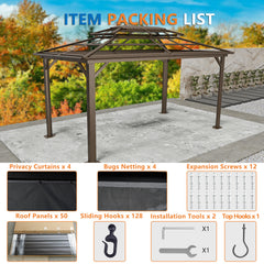 COBIZI 10'x15' Hardtop Gazebo with Heavy Duty Galvanized Steel Metal Roof, Patio Hard Top Gazebo with Curtains & Netting, Brown SPC000274