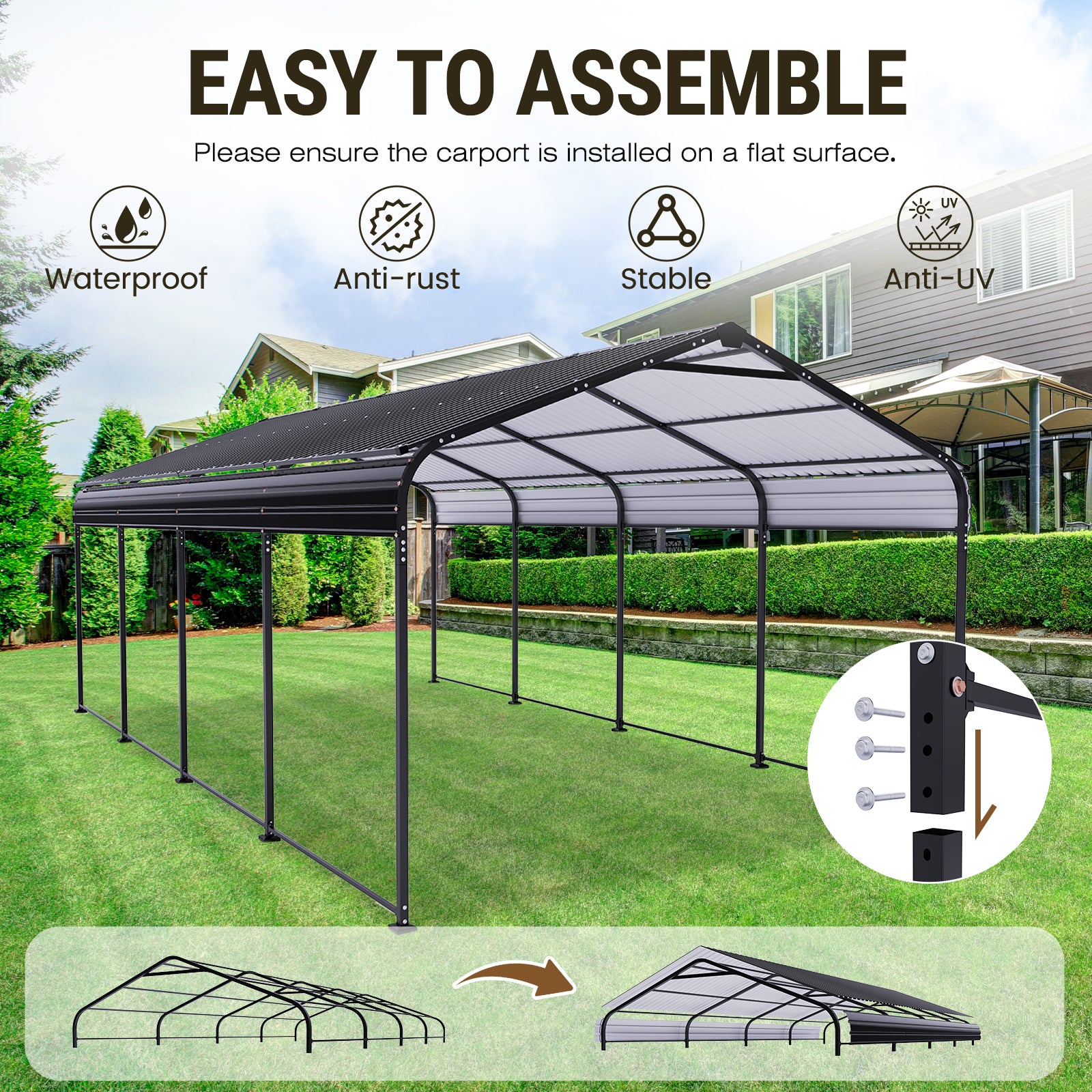 HOTEEL 12x21ft Heavy Duty Metal Carport with Galvanized Steel Roof, Steel Carport Kits Outdoor with Metal Roof, Galvanized Car Shelter for Tractors, Pickup, Boat, Car
