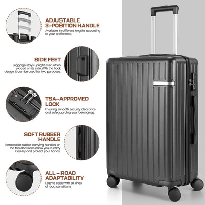 Hoteel 3 Piece Luggage Set,ABS+PC Hardside Suitcase with TSA Lock Spinner Wheels,5 PCS Carry On Travel Luggage with Duffel Bag and Toiletry Bag.(Black)