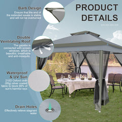 HOTEEL 12'x12' Pop Up Gazebo Patio Outdoor Canopy Tent with 8 Mosquito Nettings, Adjustable Height and 144 Square ft of Shade for Garden, Party, Backyard with Vented Top, Gray