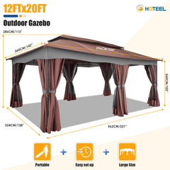 Hoteel 12'x20' Heavy Duty Canopy Gazebo, Home Outdoor Waterproof Large Party Tent & Shelter with Double Roofs, Mosquito Nettings and Privacy Screens for Backyard, Garden, Lawn, Smoke, Brown