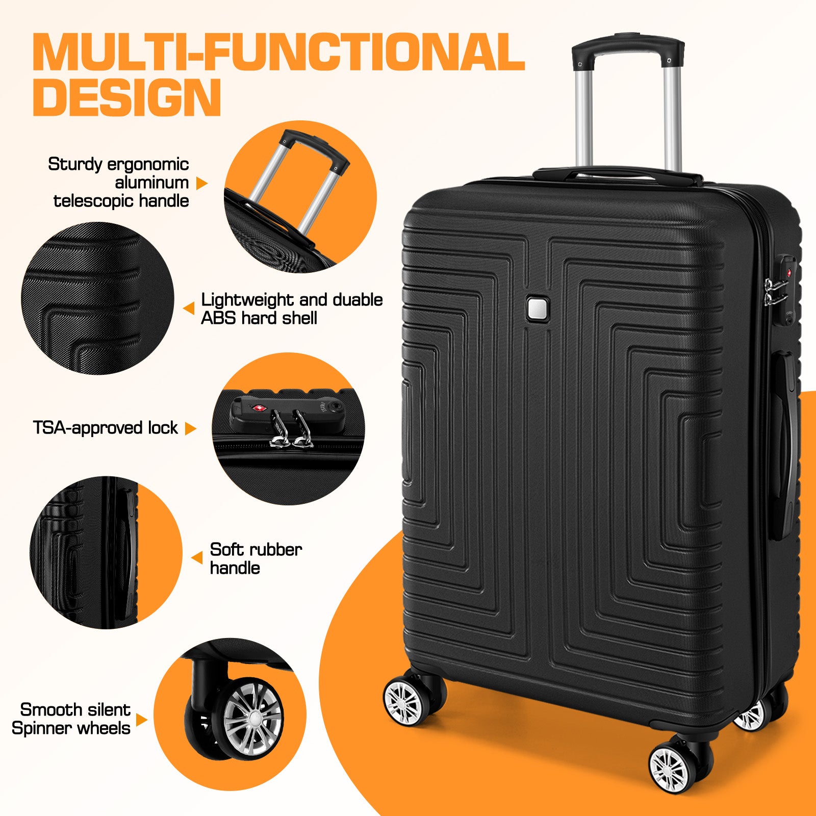 HOTEEL Luggage 3 Piece Set, Suitcase Set with Spinner Wheels & TSA Lock, 20 in Hardside Lightweight Luggage Set with duffel bag & toiletry bag, Black