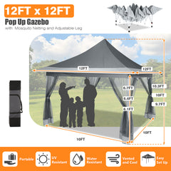 HOTEEL 12x12 Outdoor Waterproof Gazebo, Pop Up Canopy Tent with Adjustable Height, UV Protection & Mosquito Net, Ideal for Parties, Camping, Weddings, and Backyard Events,Brown