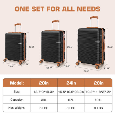 HOTEEL Luggage 3 Piece Set, Suitcase Set with Spinner Wheels & TSA Lock Hardside Lightweight Luggage Set 20in+24in+28in, Black