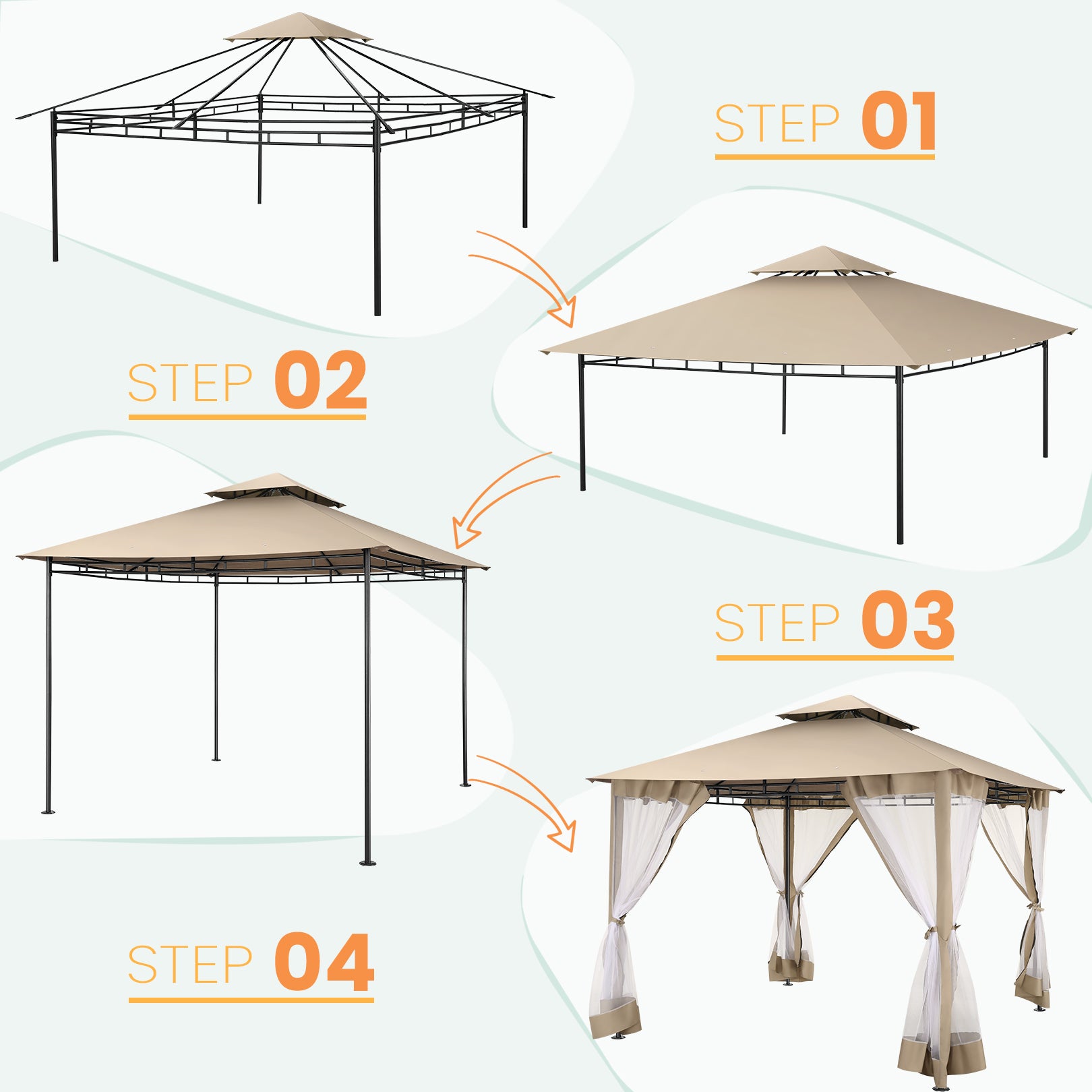 COBIZI 10'x10' Patios Gazebos with 4 Netting Sidewalls & Double Soft Roof, Khaki SPC41