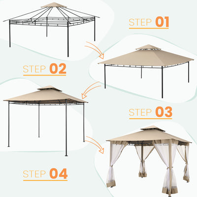 COBIZI 10'x10' Patios Gazebos with 4 Netting Sidewalls & Double Soft Roof, Khaki SPC41