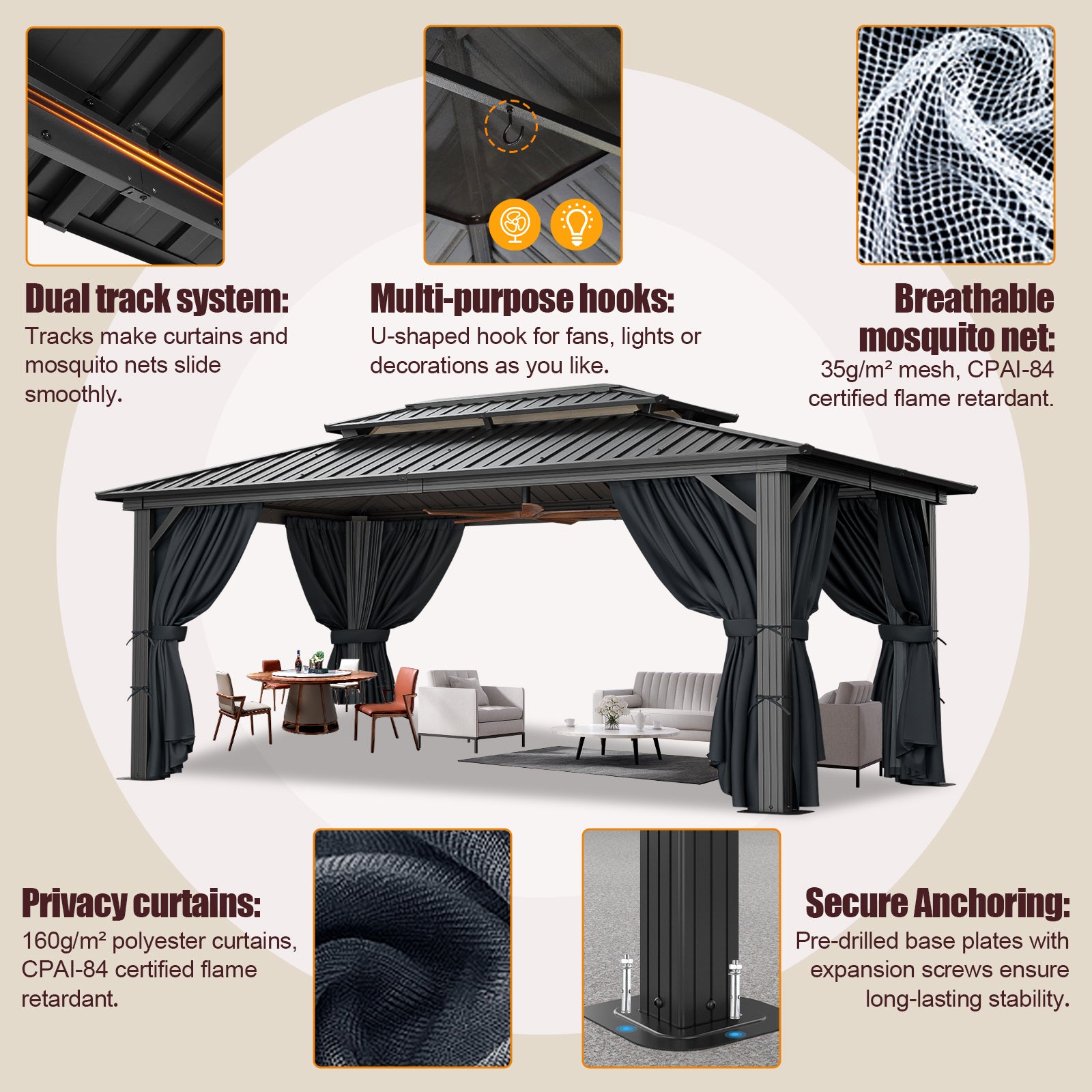 COBIZI 10'x15'  Heavy Duty Hard Top Gazebo with Curtains & Netting, Black SPC274