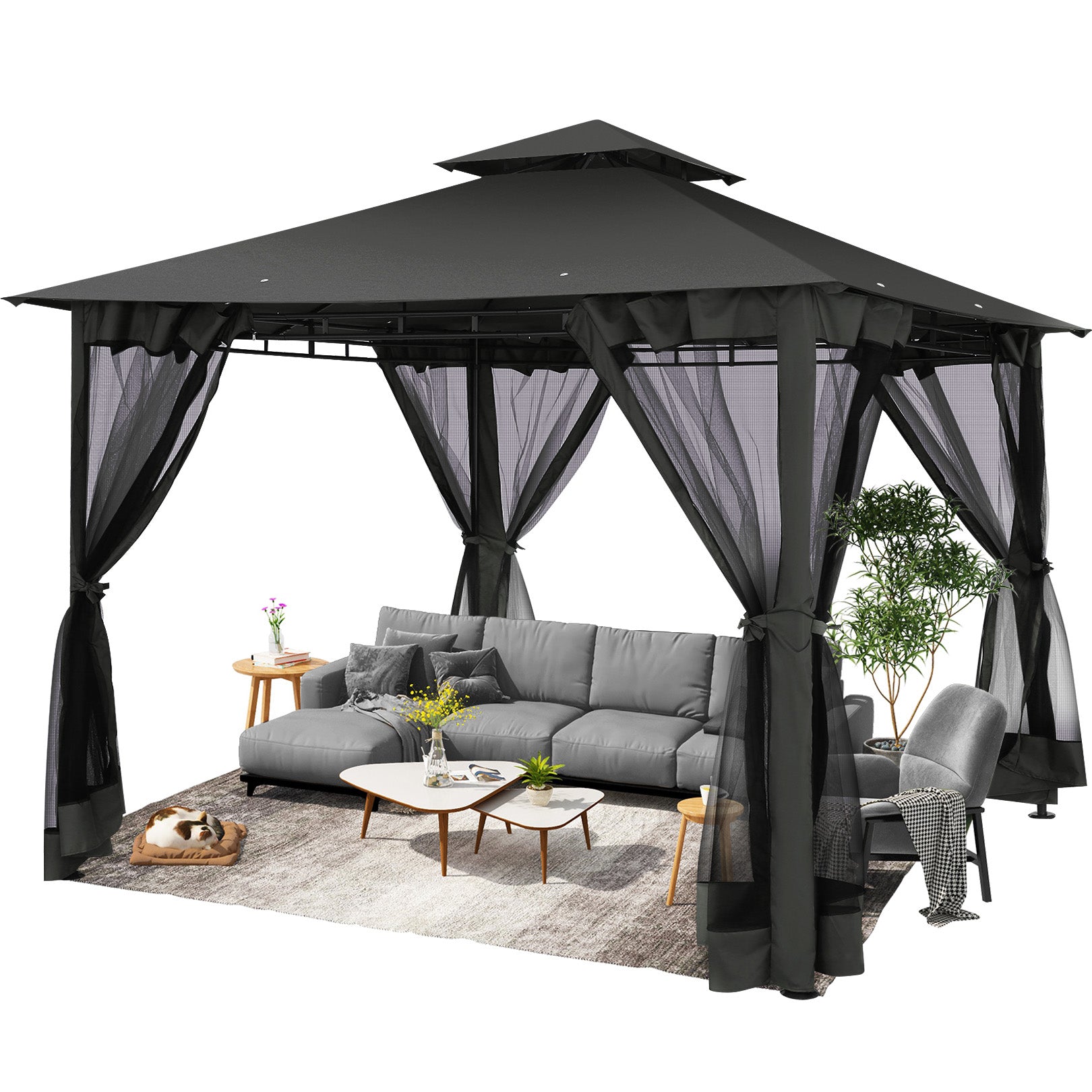 Hoteel 10x10 Gazebos for Patios, Canopy Tent Outdoor Gazebo Backyard Gazebo Patio with Mosquito Netting and Double Roof for Party, Wedding, BBQ and Event, Black