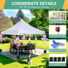 Hoteel 10'x10' Pop Up Canopy Tent with 3 Sidewalls, Outdoor Canopy Tent Waterproof Pop Up Backyard Canopy Portable Party Commercial Instant Canopy Shelter Tent Gazebo for Wedding Camping, White