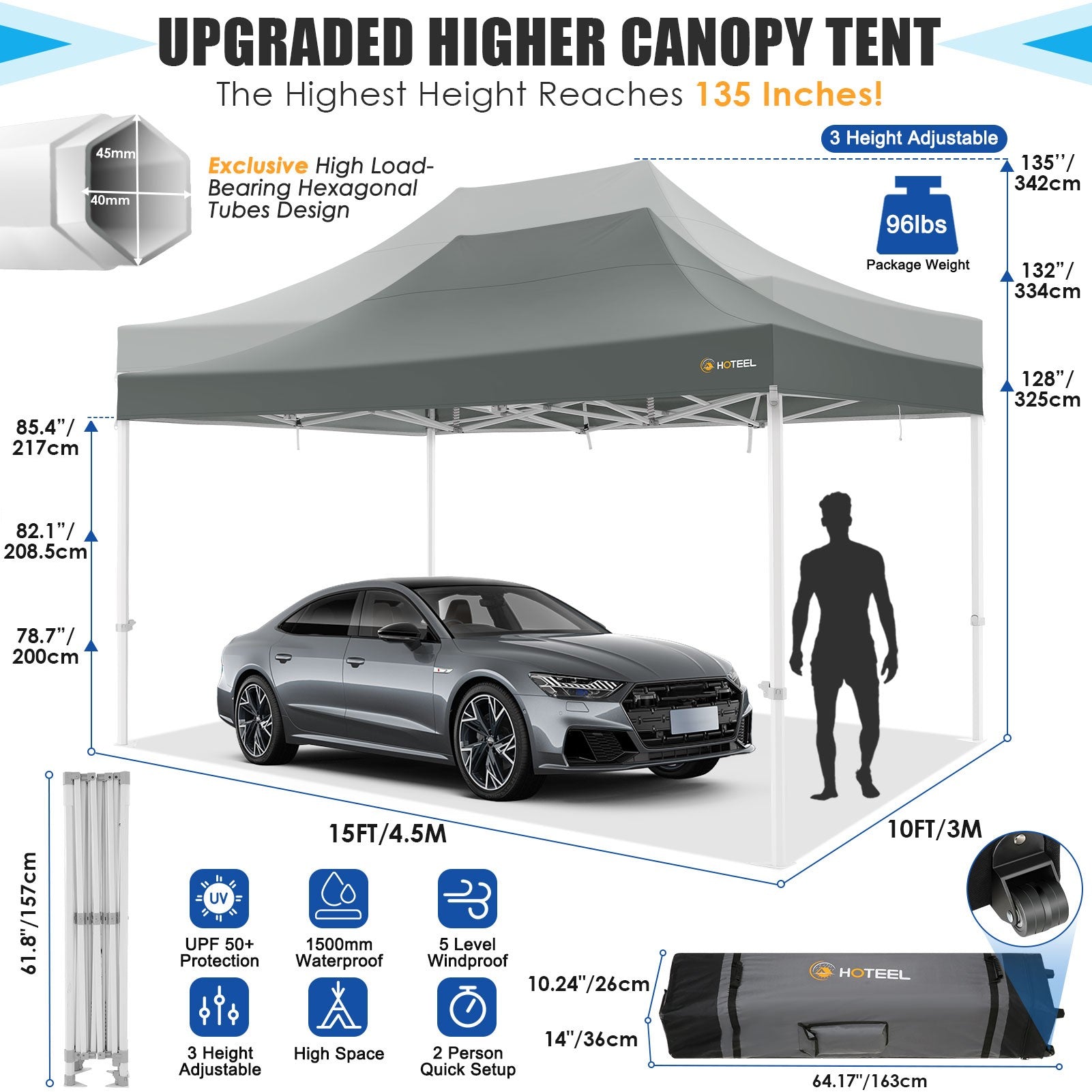 HOTEEL 10x15 Heavy Duty Canopy Tent ,Pop up Canopy for Parties Wedding,Commercial Easy up Gazebo with Roller Bag,UV 50+ &,Gray