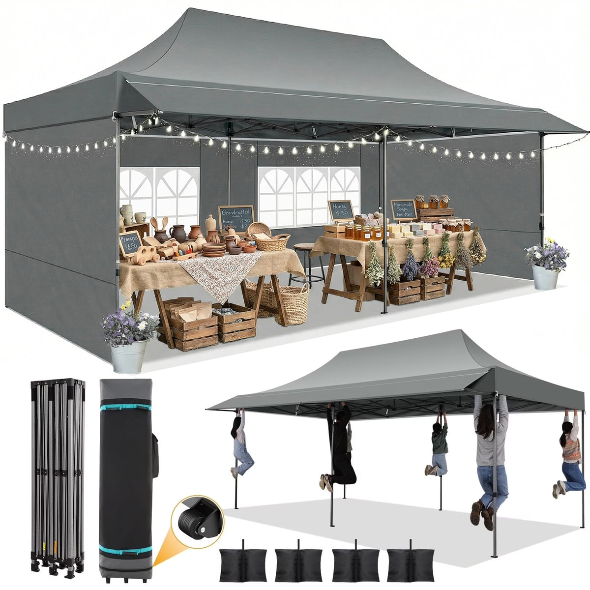 COBIZI 10x20 Heavy Duty Pop up Canopy Tent, Waterproof Outdoor Event Shelter with Extended Awning, UPF 50+, Instant Set up, Roller Bag, Gray