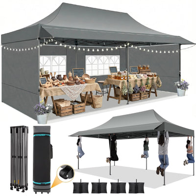 COBIZI 10x20 Heavy Duty Pop up Canopy Tent, Waterproof Outdoor Event Shelter with Extended Awning, UPF 50+, Instant Set up, Roller Bag, Gray