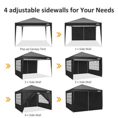 COBIZI 10x10ft Popup Canopy Waterproof Canopy with 4 Sidewalls Outdoor Commercial Instant Shelter Beach Camping Canopy Tent for Party, Black