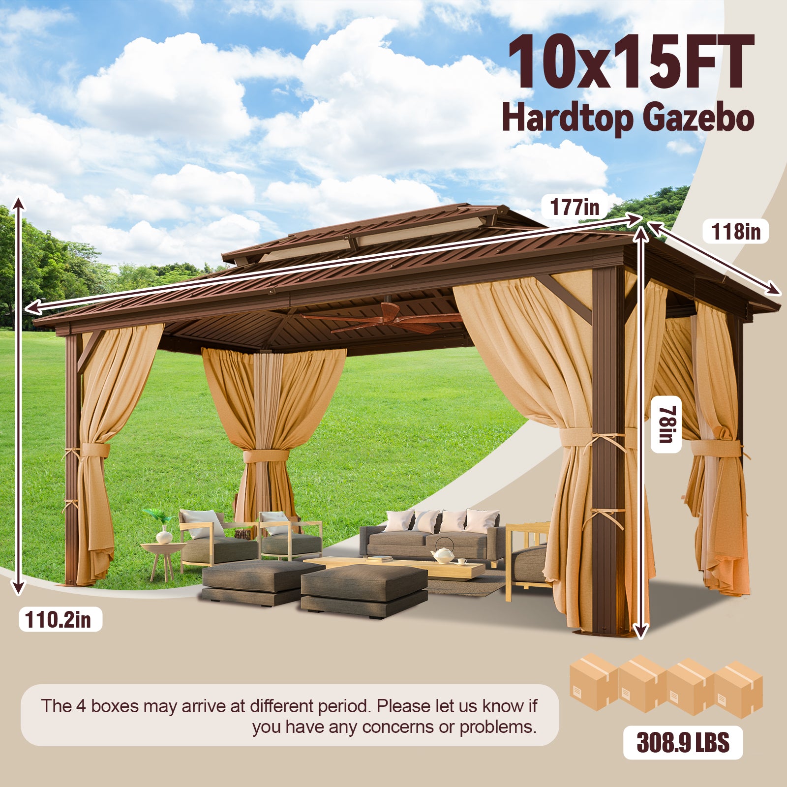 COBIZI 10'x15'  Heavy Duty Hard Top Gazebo with Curtains & Netting, Brown SPC274
