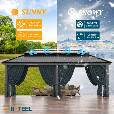 HOTEEL 10'x15' Hardtop Gazebo, Outdoor Steel Double Galvanized Roof Canopy, Aluminum Frame Permanent Pavilion Metal Gazebo with Curtains and Nettings, Sunshade for Patios, Gardens, Lawns, Black