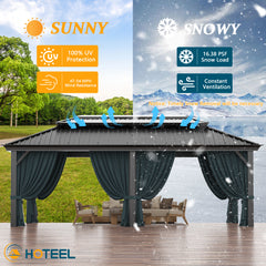 HOTEEL 10'x15' Hardtop Gazebo, Outdoor Steel Double Galvanized Roof Canopy, Aluminum Frame Permanent Pavilion Metal Gazebo with Curtains and Nettings, Sunshade for Patios, Gardens, Lawns, Black