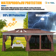 Hoteel 12'x20' Heavy Duty Canopy Gazebo, Home Outdoor Waterproof Large Party Tent & Shelter with Double Roofs, Mosquito Nettings and Privacy Screens for Backyard, Garden, Lawn, Smoke, Brown