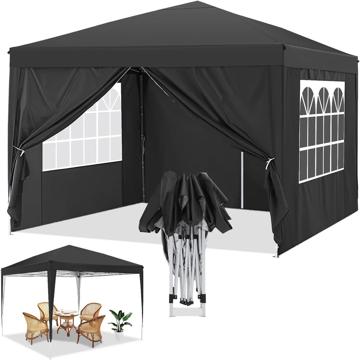 COBIZI 10x10ft Popup Canopy Waterproof Canopy with 4 Sidewalls Outdoor Commercial Instant Shelter Beach Camping Canopy Tent for Party, Black