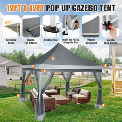 HOTEEL 12x12 EZ Pop Up Gazebo Tent with Sidewalls,Patio Gazebo Instant Shelter for Outdoor Party Camping Backyard Beach with Carry Bag,Stakes,Ropes,Khaki