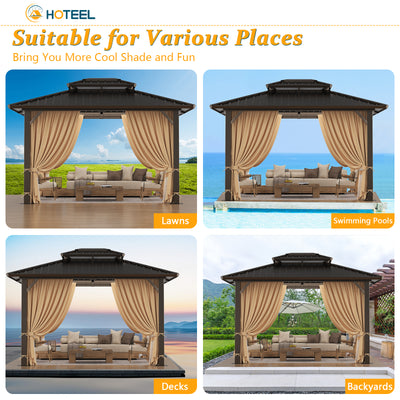 HOTEEL 10' X 12' Hardtop Gazebo Heavy Duty Outdoor Gazebo with Galvanized Steel Double Roof, Flame-Retardant Curtains and Netting, Permanent Gazebo for Patio, Lawn and Backyard, Brown