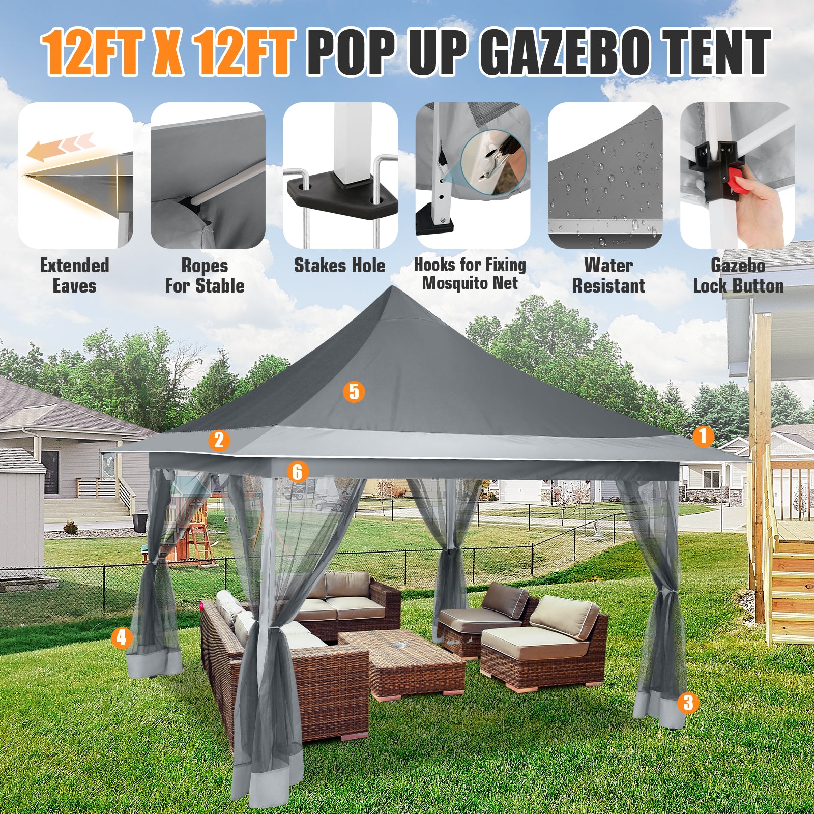 HOTEEL 12x12 Outdoor Waterproof Gazebo, Pop Up Canopy Tent with Adjustable Height, UV Protection & Mosquito Net, Ideal for Parties, Camping, Weddings, and Backyard Events,Brown