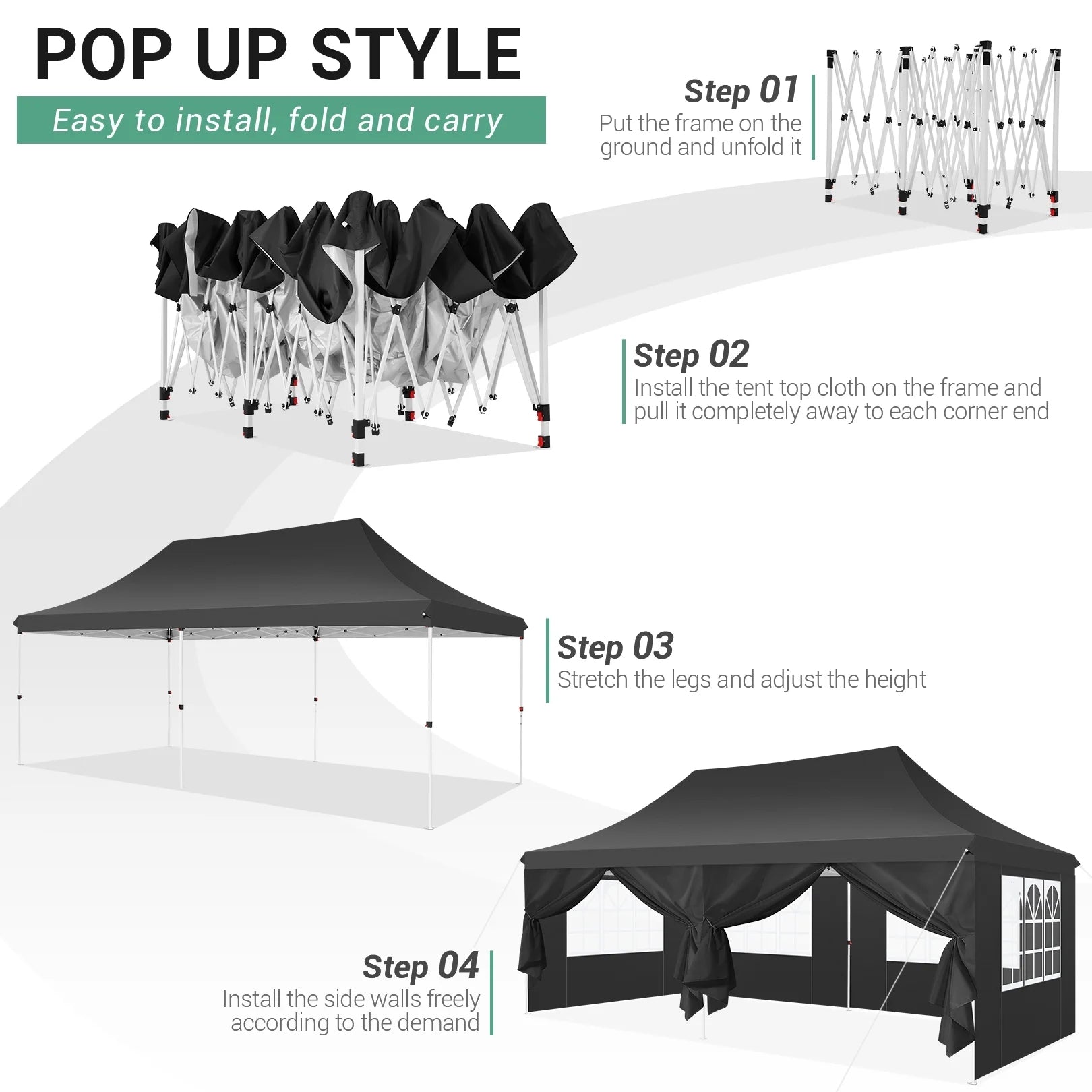 HOTEEL 10'x20' Pop up Canopy Tent with 6 Removable Sidewalls, Instant Outdoor Canopy Shelter with Upgrade Raised Roof and Carry Bag,Black