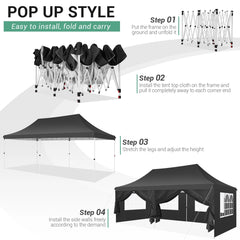 HOTEEL 10'x20' Pop up Canopy Tent with 6 Removable Sidewalls, Instant Outdoor Canopy Shelter with Upgrade Raised Roof and Carry Bag,Black