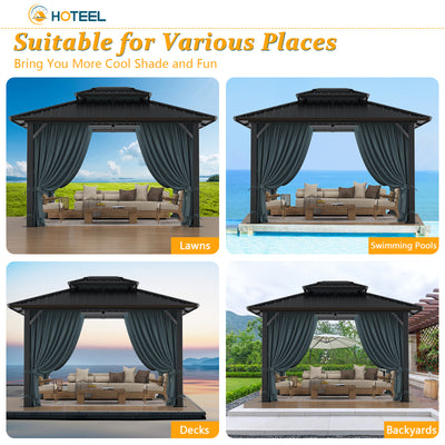 HOTEEL 10x12 Hardtop Gazebo Aluminum Gazebos with Galvanized Steel Double Roof Metal Gazebo with Curtains and Netting Permanent Hardtop Gazebos Steel Gazebo for Backyard, Garden and Patio, Black