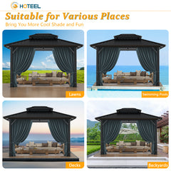 HOTEEL 10x12 Hardtop Gazebo Aluminum Gazebos with Galvanized Steel Double Roof Metal Gazebo with Curtains and Netting Permanent Hardtop Gazebos Steel Gazebo for Backyard, Garden and Patio, Black