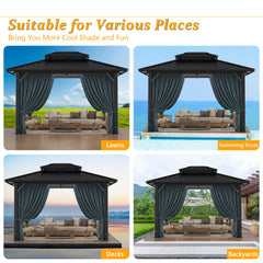 Hoteel 10' x 12' Hardtop Gazebo Heavy Duty Outdoor Gazebo with Galvanized Steel Double Roof, Flame-Retardant Curtains and Netting, Permanent Gazebo for Patio, Lawn and Backyard, Black