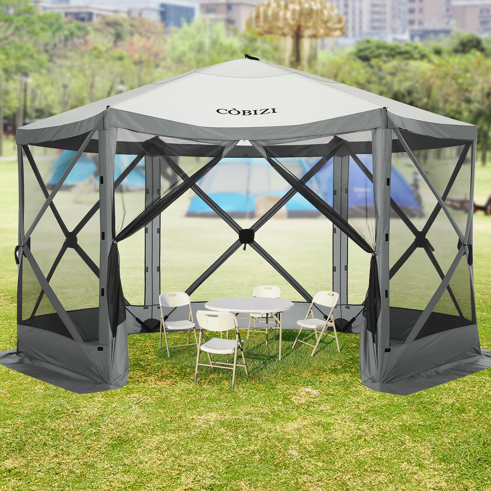 Hoteel 12x12ft Pop-up Gazebo EZ Set-up Camping Canopy Tent with 6 Sides Mosquito Netting, Waterproof, UV Resistant, Portable Screen House Room, Outdoor Party Tent with Carry bag, Ground Spike, Khaki