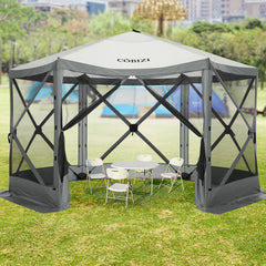Hoteel 12x12ft Pop-up Gazebo EZ Set-up Camping Canopy Tent with 6 Sides Mosquito Netting, Waterproof, UV Resistant, Portable Screen House Room, Outdoor Party Tent with Carry bag, Ground Spike, Khaki