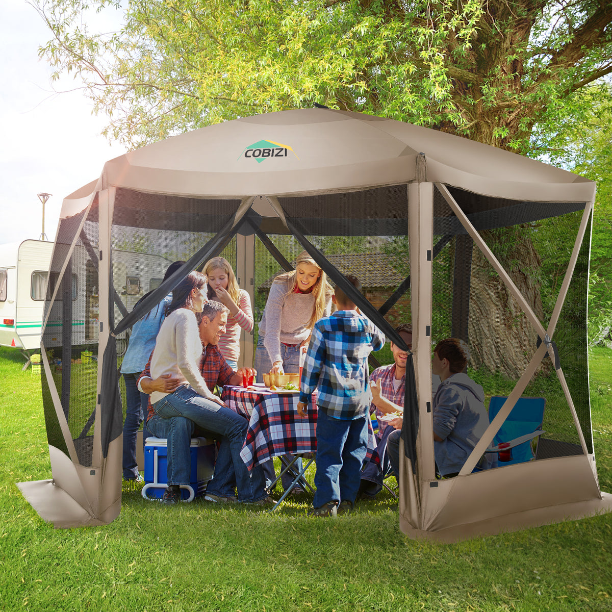 HOTEEL 12'x12' Pop Up Gazebo Outdoor Canopy Camping Tent with Mosquito Netting Walls, Waterproof, UV Resistant, Easy Set-up Party Tent for Shade and Rain, with Carry bag, Ground Spike, Beige