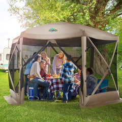 HOTEEL 12'x12' Pop Up Gazebo Outdoor Canopy Camping Tent with Mosquito Netting Walls, Waterproof, UV Resistant, Easy Set-up Party Tent for Shade and Rain, with Carry bag, Ground Spike, Beige