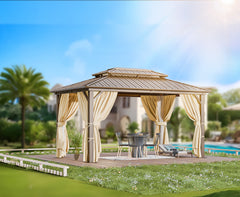 Hoteel 10x12 Hardtop Gazebo, Outdoor Steel Double Polycarbonate Roof Canopy, Aluminum Frame Permanent Pavilion with Curtains and Netting, Metal Frame Pergolas, Sunshade for Garden, Patio, Lawn, Brown