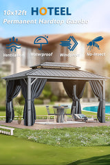 Hoteel 10x12 Hardtop Gazebo, Outdoor Steel Double Polycarbonate Roof Canopy, Aluminum Frame Permanent Pavilion with Curtains and Netting, Metal Frame Pergolas, Sunshade for Garden, Patio, Lawn, Brown