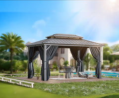 Hoteel 10x12 Hardtop Gazebo, Outdoor Steel Double Polycarbonate Roof Canopy, Aluminum Frame Permanent Pavilion with Curtains and Netting, Metal Frame Pergolas, Sunshade for Garden, Patio, Lawn, Brown
