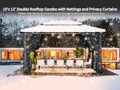 Hoteel 10x12 Hardtop Gazebo, Outdoor Steel Double Polycarbonate Roof Canopy, Aluminum Frame Permanent Pavilion with Curtains and Netting, Metal Frame Pergolas, Sunshade for Garden, Patio, Lawn, Brown