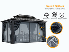 Hoteel 10x12 Hardtop Gazebo, Outdoor Steel Double Polycarbonate Roof Canopy, Aluminum Frame Permanent Pavilion with Curtains and Netting, Metal Frame Pergolas, Sunshade for Garden, Patio, Lawn, Brown