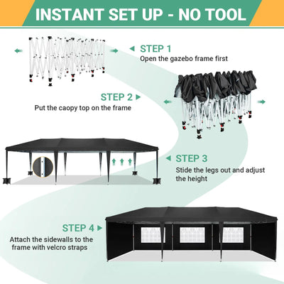 COBIZI 10'x30' Pop up Canopy with 6 Sidewalls & Carry Bag, Black SPC204