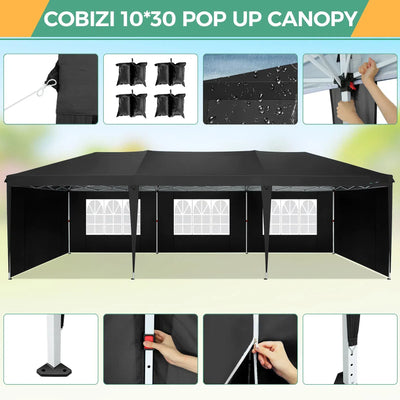 COBIZI 10'x30' Pop up Canopy with 6 Sidewalls & Carry Bag, Black SPC204