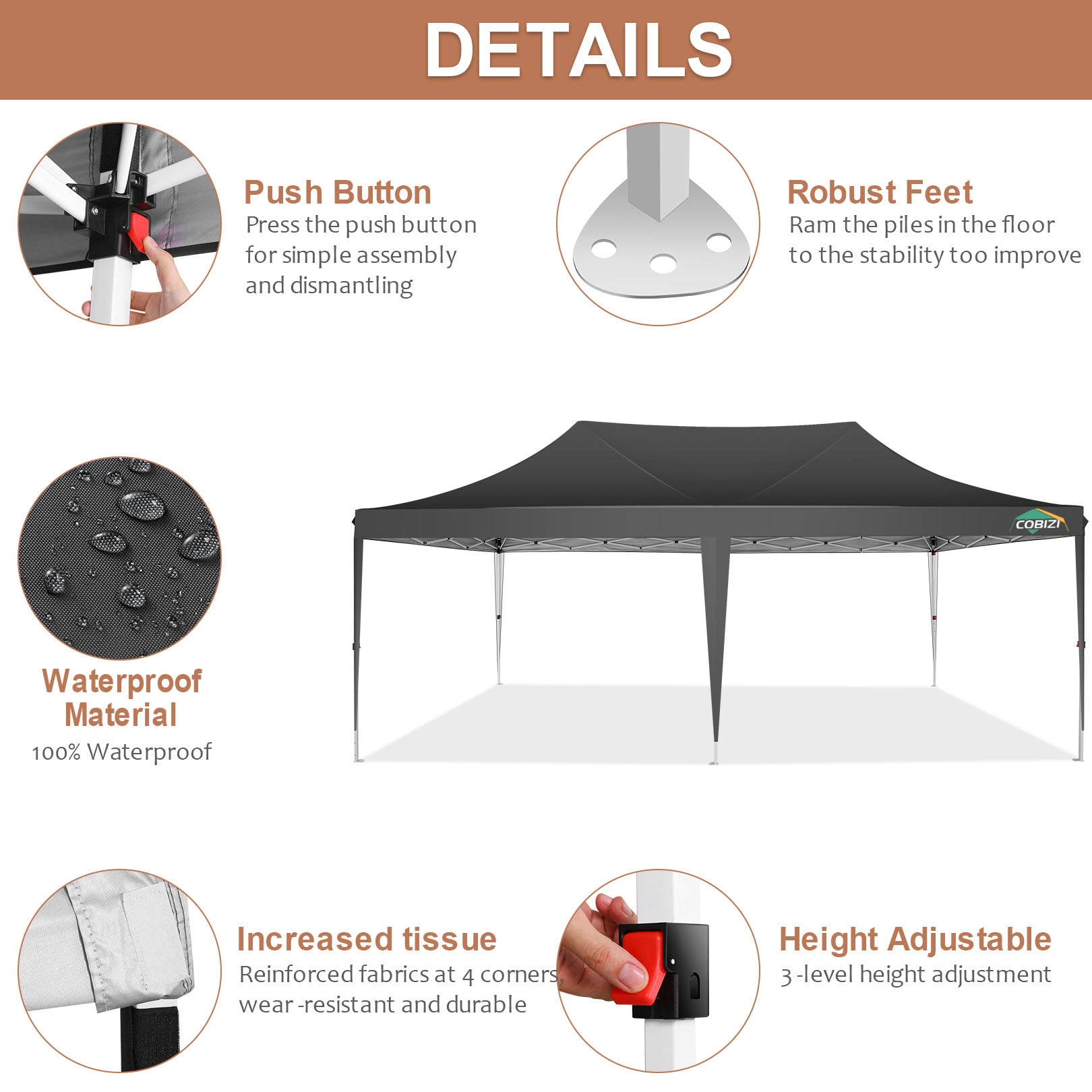 COBIZI 10'x20' Pop Up Canopy Tent with 6 Sidewalls & Carry Bag, 3 Adjustable Heights AMA5813