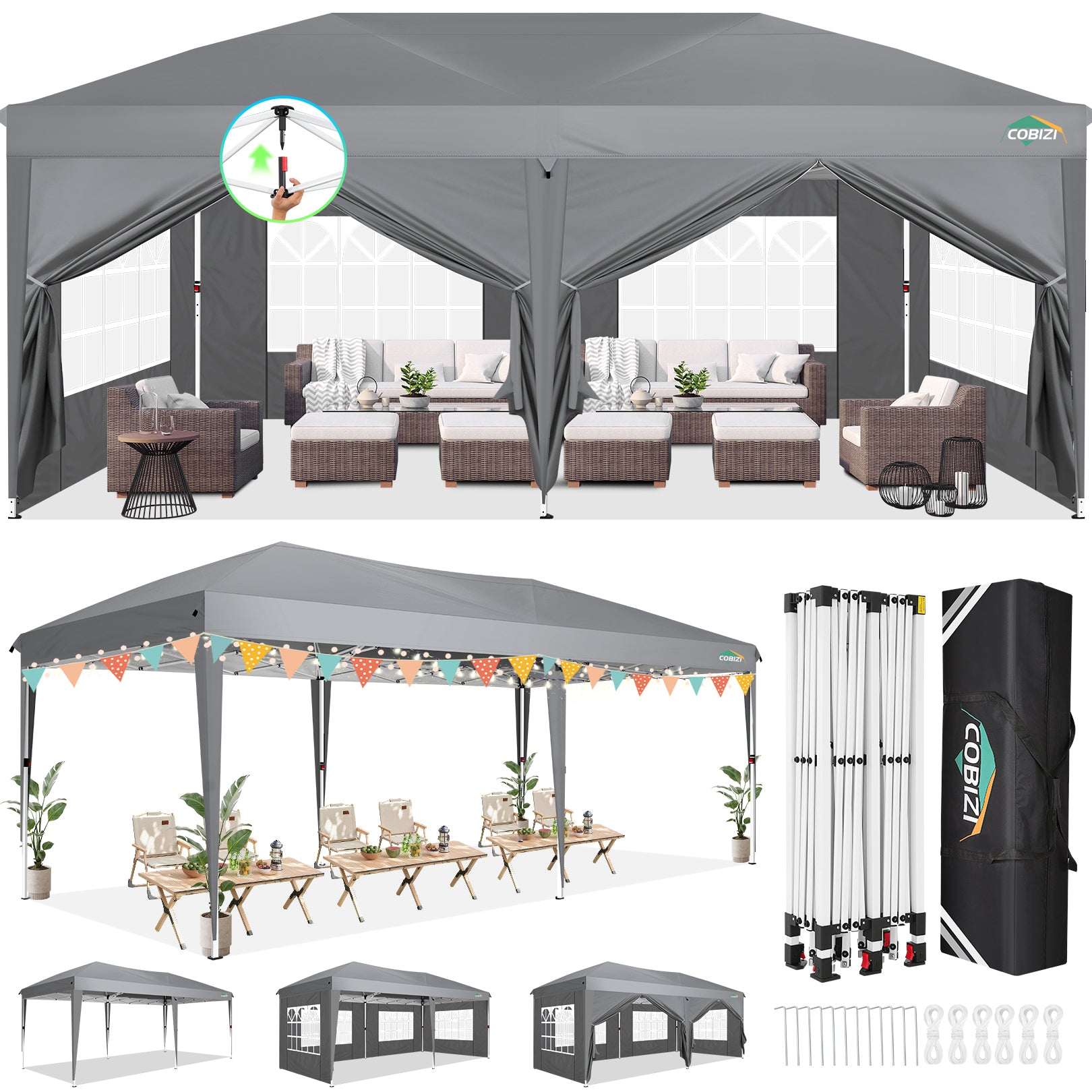 Cobizi Large 10'x20' Pop Up Canopy One-Push Setup with 6 Sidewalls SPC203