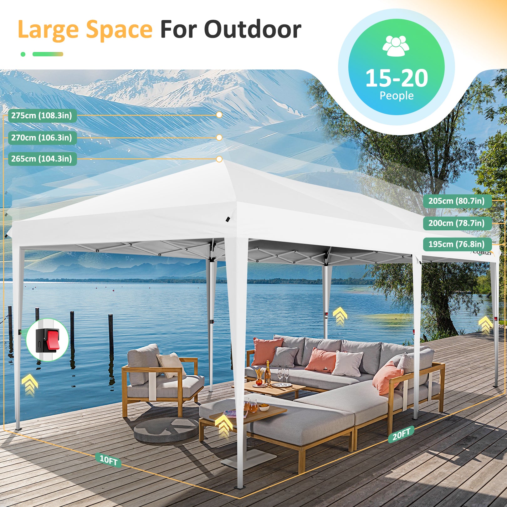 Cobizi Large 10'x20' Pop Up Canopy One-Push Setup with 6 Sidewalls SPC203