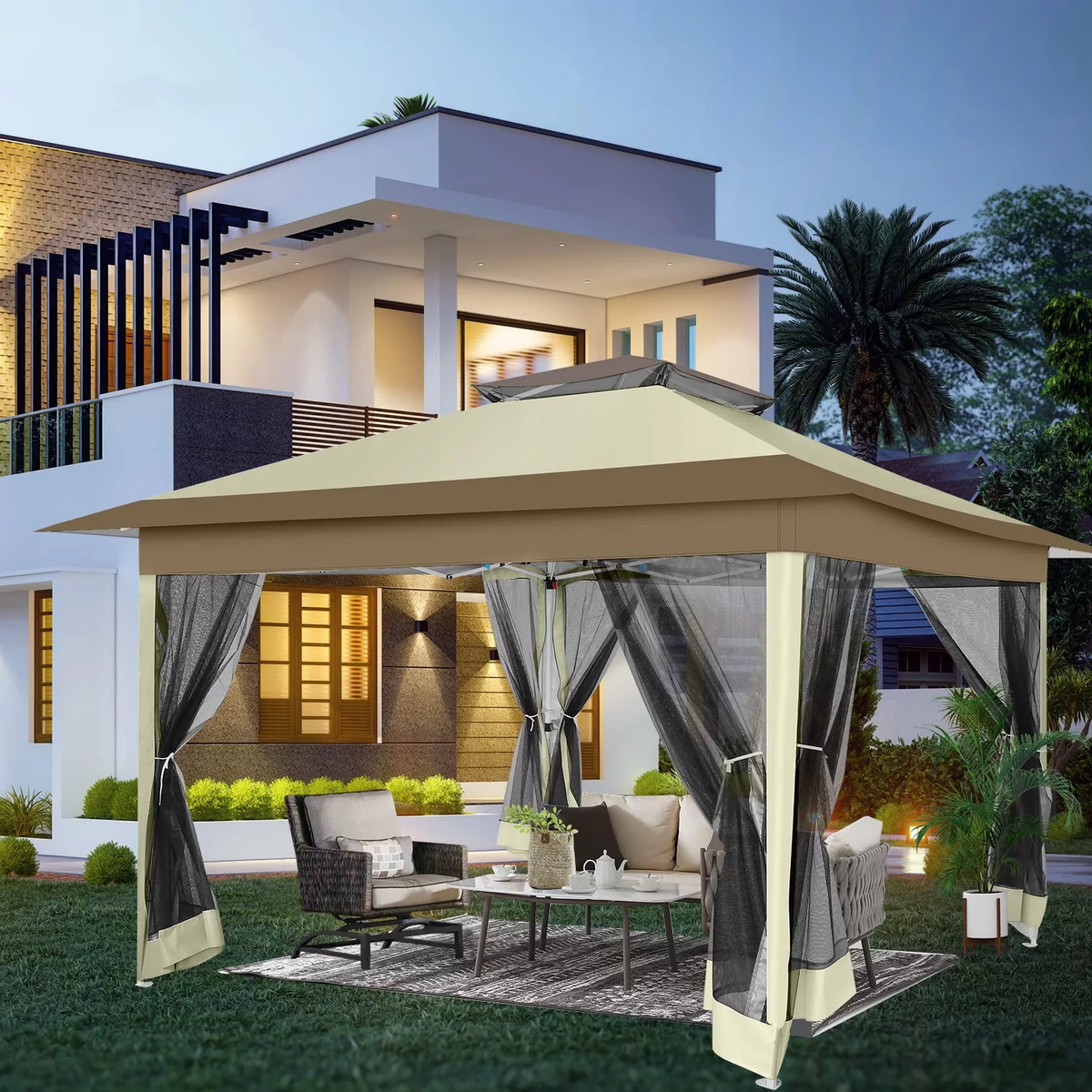 COBIZI 12'x12' Gazebo Tent Outdoor Pop up Gazebo Canopy Shelter with Mosquito Netting, Beige