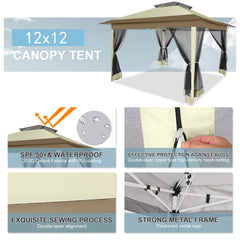 COBIZI 12'x12' Gazebo Tent Outdoor Pop up Gazebo Canopy Shelter with Mosquito Netting, Beige
