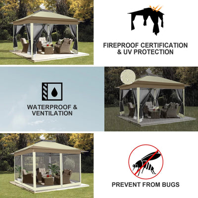 COBIZI 12'x12' Gazebo Tent Outdoor Pop up Gazebo Canopy Shelter with Mosquito Netting, Beige