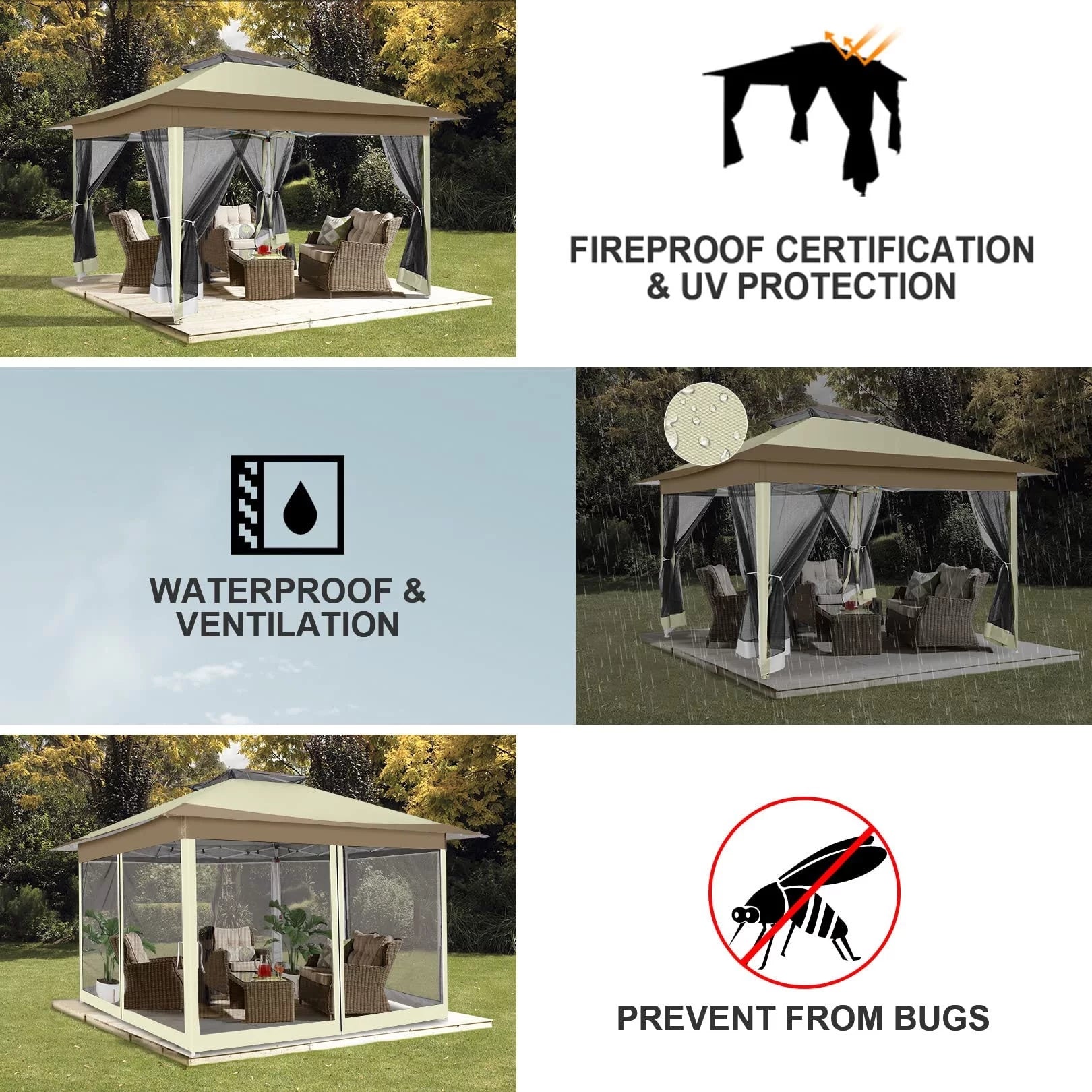 COBIZI 12'x12' Outdoor Gazebo Pop Up Gazebo Canopy with Mosquito Netting Patio Tent Backyard Canopy with 2-Tiered Vented Top 3 Adjustable Height, Beige