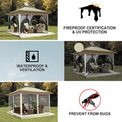 COBIZI 11‘x11'、12'x12' Outdoor Gazebo Pop Up Gazebo Canopy with Mosquito Netting Patio Tent Backyard Canopy with 2-Tiered Vented Top 3 Adjustable Height, Beige